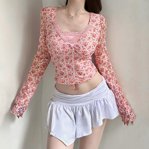 Load image into Gallery viewer, y2k Coquette Top Women Fall Clothes Floral Print V Neck Lace Patchwork Long Sleeve T Shirt 2000s Aesthetic Clothing
