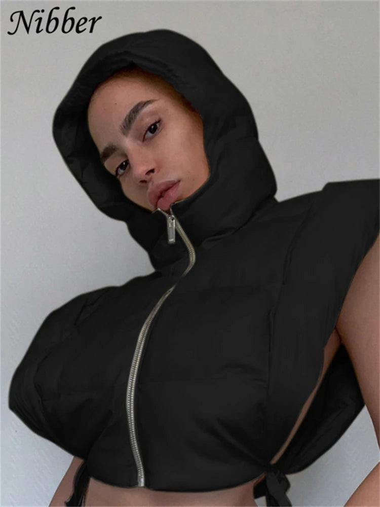 Solid Color Hooded Bread Jacket Sleeveless Vest Coat Cotton Fashion Casual Street Style For Women Daily Outing Wear