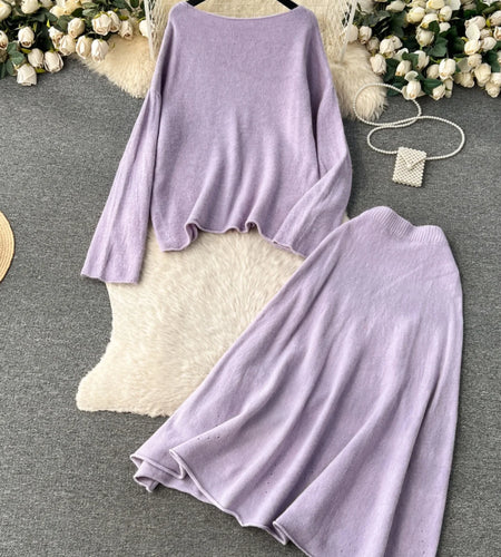 Autumn Winter Women's Temperament Two Piece Set White Purple Long Sleeved Knitted Pullover Tops And High Waist Midi Skirt Suits