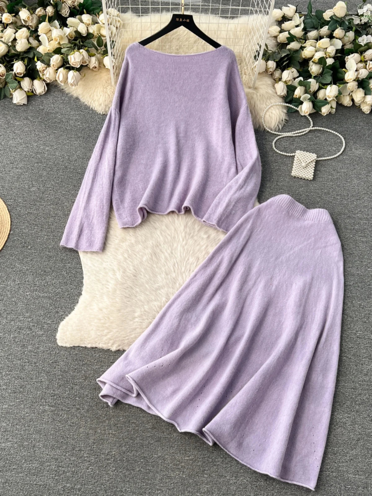 Autumn Winter Women's Temperament Two Piece Set White Purple Long Sleeved Knitted Pullover Tops And High Waist Midi Skirt Suits