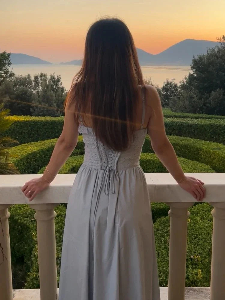 Summer Midi Vacation Dress Blue High Split Sexy Spaghetti Strap Lace Up Dress Elegant Women Party Dress 2023