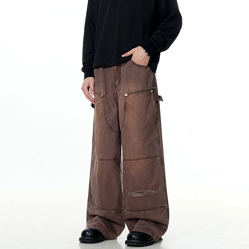 Men's Jeans New Korean Rivet Washed Distressed Trendy Line Design Gradient Color Stylish Male Summer Trousers 9W1885