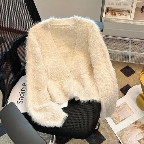 Load image into Gallery viewer, Autumn Winter Vintage Fashion 2024 New Solid Elegant Pearl Button Imitation Mink Short Sweater Women V Neck Cardigan Knit Tops
