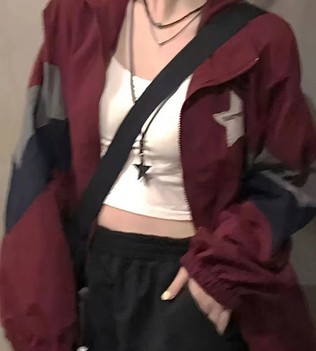 Summer Patchwork Contrast Color Coat Harajuku Zipper Y2k Aesthetic Women Oversized Tops Vintage Casual Streetwear Grunge Jackets