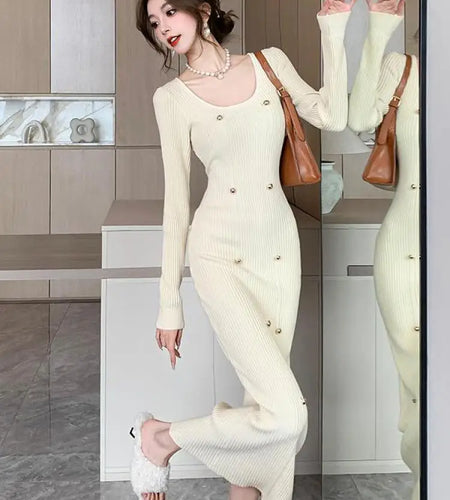 French Retro Square Neck Button Knitted Bodycon Dresses Women 2023 Autumn Winter Long Sleeve Sweater Long Dress Clothes Popular