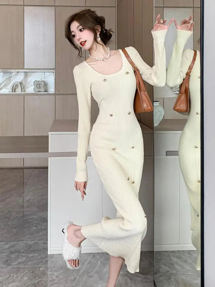 French Retro Square Neck Button Knitted Bodycon Dresses Women 2023 Autumn Winter Long Sleeve Sweater Long Dress Clothes Popular