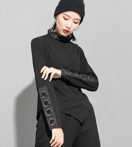 Women Black Hollow Out Irregular Hem Slim T-shirt New Turtleneck Long Sleeve Fashion Tide Spring Autumn 2025 1DJ0069