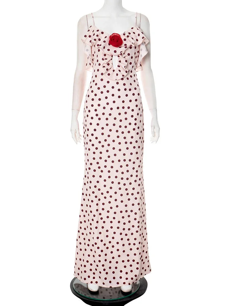 Rose Polka Dot Maxi Dress For Women Gown Spaghetti Strap Off-shoulder Sleeveless Backless Elegant Evening Club Dress