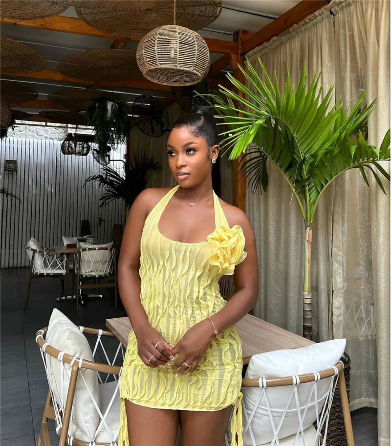 Halter Floral Pleated Sexy Mini Dress For Women Robe Fashion Sleeveless Backless Draped Club Party Dress Elegant