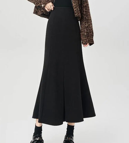Korean Women's Solid Elegant Wool Fishtail Long Skirt Vintage High Waist Slim A-line Wrapped Hip Skirts 2024 Autumn Winter Thick