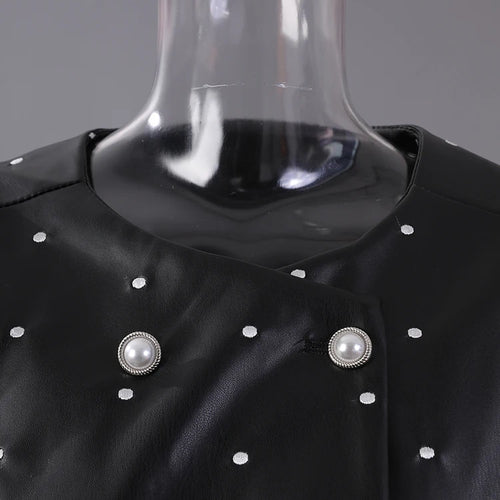 Load image into Gallery viewer, Black Dot Big Size PU Leather Jacket New O-neck Long Puff  Sleeve Women Coat Fashion Tide Spring Autumn 2025 25X2588
