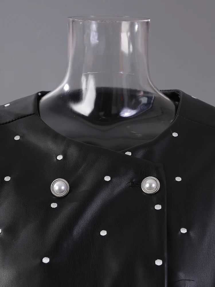 Black Dot Big Size PU Leather Jacket New O-neck Long Puff  Sleeve Women Coat Fashion Tide Spring Autumn 2025 25X2588