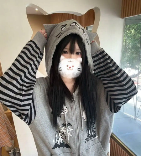 Cat Ear Hooded Sweatshirts Jackets Women Clothing Y2k Tops Patchwork Striped Anime Hoodie Ropa Mujer Casual Fashion Hoodies Coat
