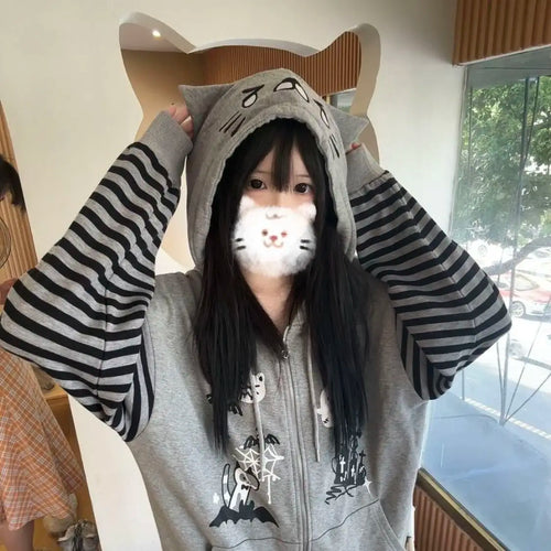 Load image into Gallery viewer, Cat Ear Hooded Sweatshirts Jackets Women Clothing Y2k Tops Patchwork Striped Anime Hoodie Ropa Mujer Casual Fashion Hoodies Coat
