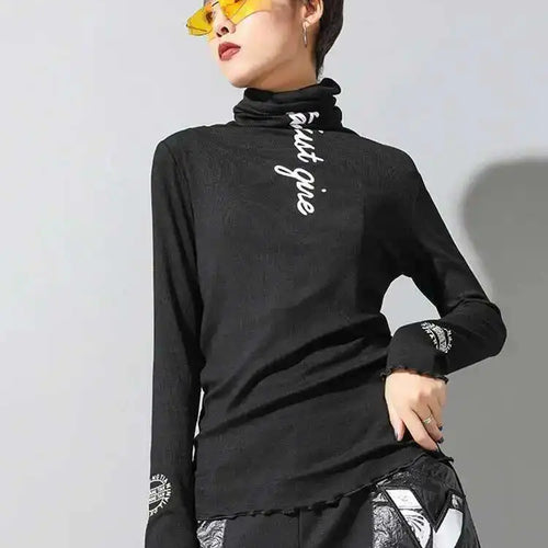 Load image into Gallery viewer, Women Black High Elastic Letter Slim Casual T-shirt New Turtleneck Long Sleeve Fashion Tide Spring Autumn 2025 1DF4640
