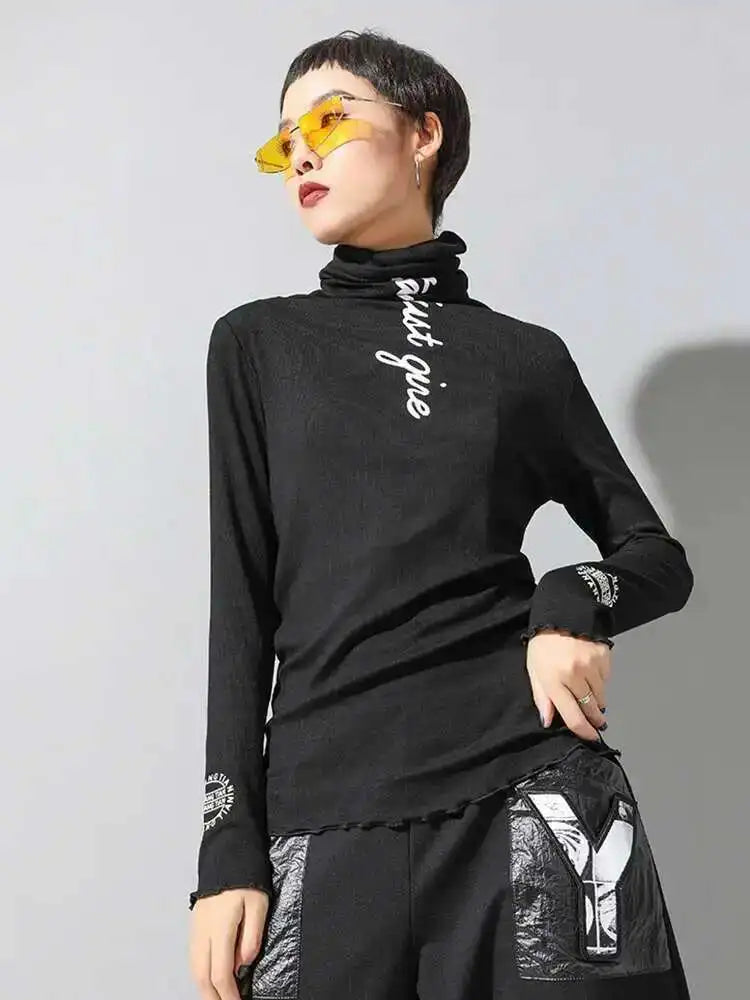 Women Black High Elastic Letter Slim Casual T-shirt New Turtleneck Long Sleeve Fashion Tide Spring Autumn 2025 1DF4640
