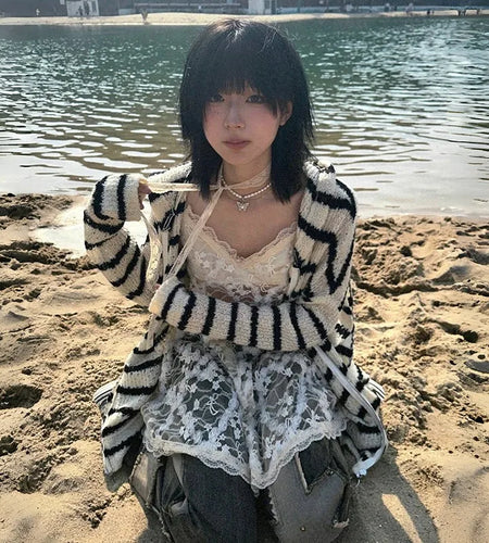 Japanese Y2k Hooded Cardigan Vintage 2000s Style Rabbit Ears Knitted Coat Harajuku Black Striped Knitwear Korean Popular