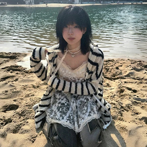 Load image into Gallery viewer, Japanese Y2k Hooded Cardigan Vintage 2000s Style Rabbit Ears Knitted Coat Harajuku Black Striped Knitwear Korean Popular
