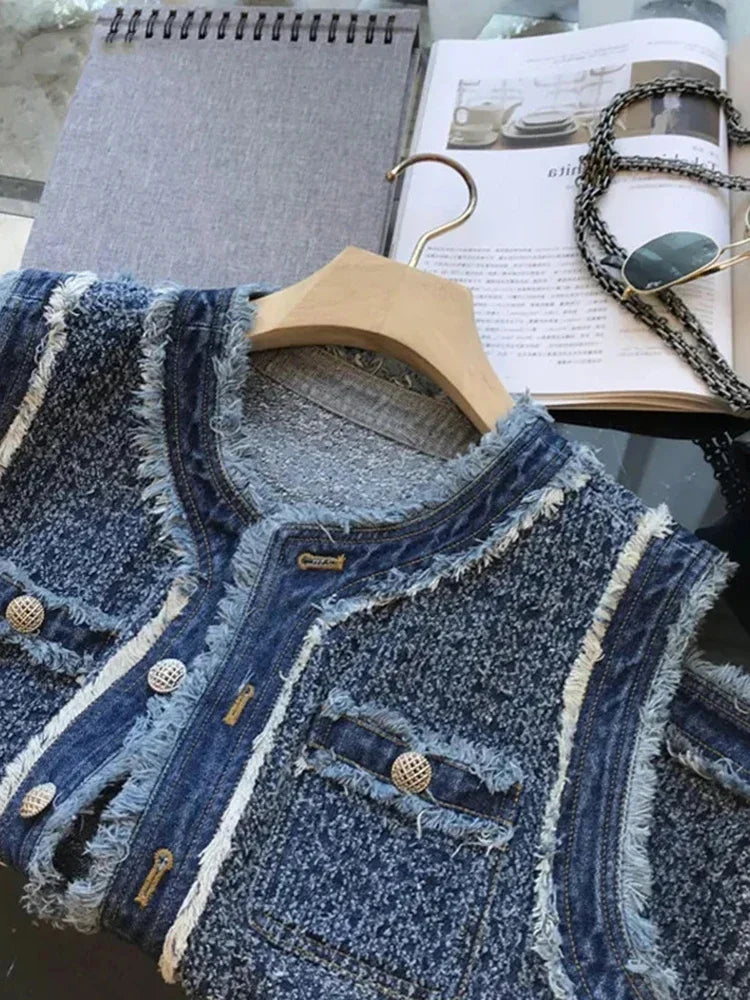 Spring Autumn Blue Plaid Denim Women's Vest with Tassel Elegant Fashion Women Single Breasted Flow Sleeveless Tank Top Coat