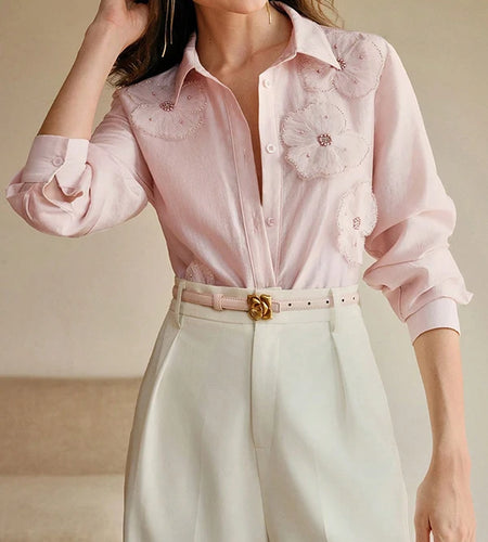 Long Sleeves Shirts for Women Summer Autumn 3D Flower Chic Blouse Tops for Women Office Business Casual Work