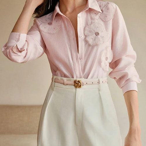 Load image into Gallery viewer, Long Sleeves Shirts for Women Summer Autumn 3D Flower Chic Blouse Tops for Women Office Business Casual Work
