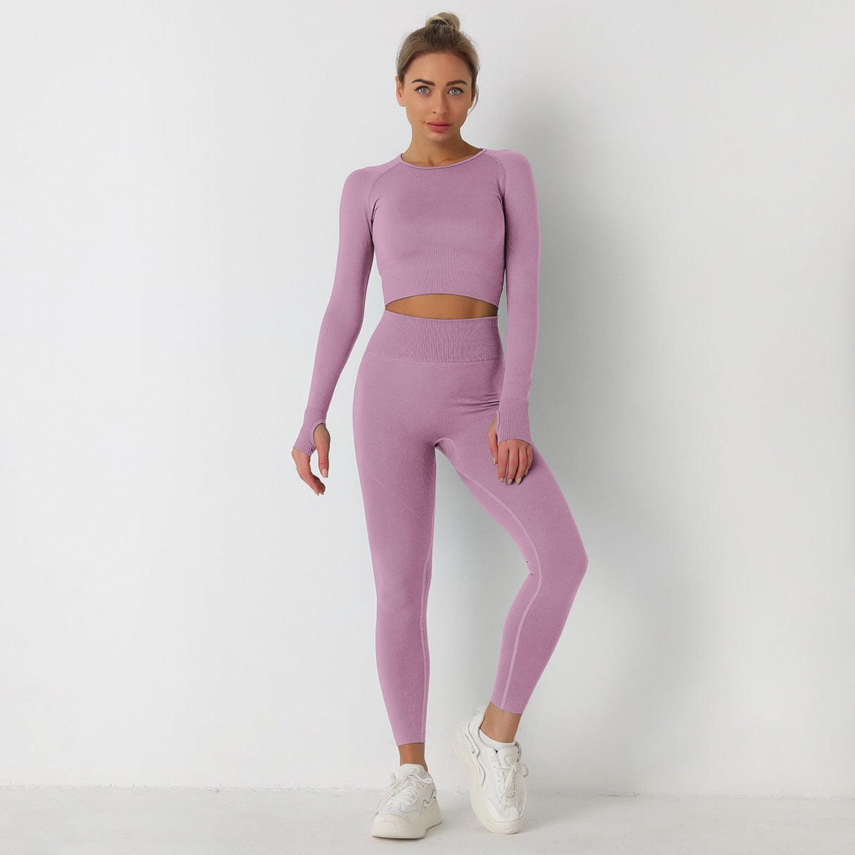 European and American Solid Color Yoga Suit Long Sleeve Anti-Shrink Quick-drying Crop Top High Waist pant tracksuit women