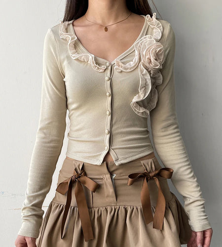 Fashion Sweet Slim Autumn T-shirt Women Floral Ruffles Crop Top Korean Style Y2K Tees Buttons V Neck Cute Clothes New