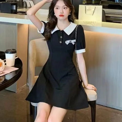 Load image into Gallery viewer, School Black Dress Soft Girls Sweet Preppy Style Student Polo Collar Kawaii Mini Short Dresses Autumn Korean Fashion
