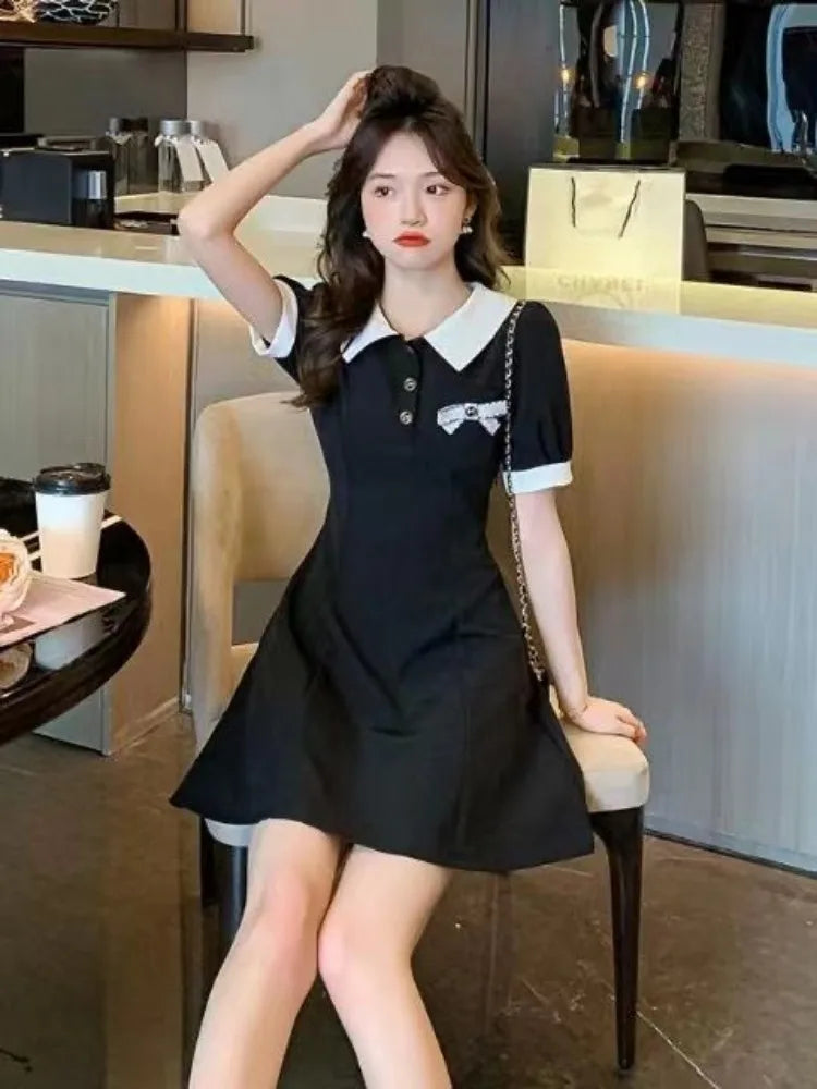 School Black Dress Soft Girls Sweet Preppy Style Student Polo Collar Kawaii Mini Short Dresses Autumn Korean Fashion