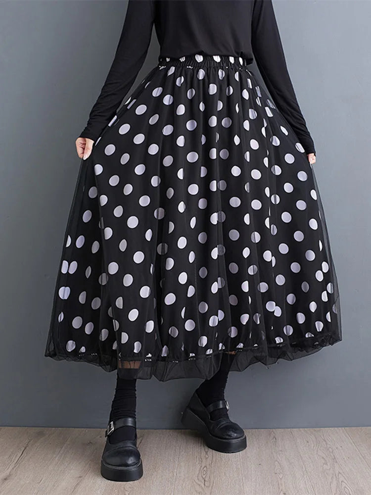 High Elastic Waist Black Dot Printed Mesh Spliced A-line Half-body Skirt Women Fashion Tide New Spring Autumn 2025 1DJ0329