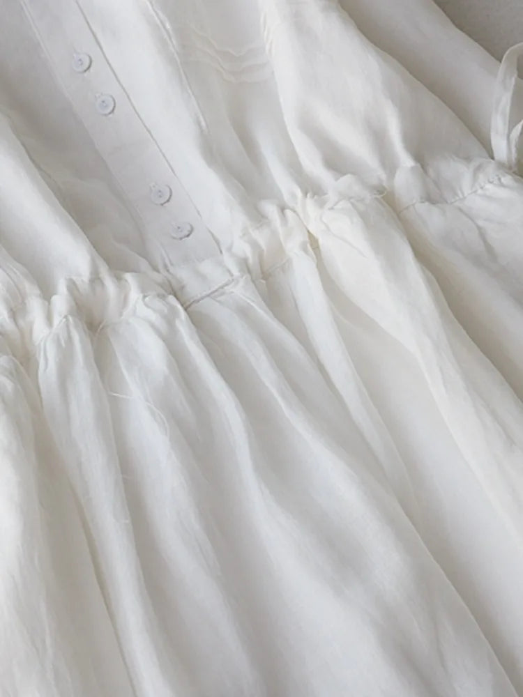 Summer Elegant Dress Women Casual Medium Long Simple Style Vintage Dresses Female Draw String Sash Loose Shirt Dress Elegant