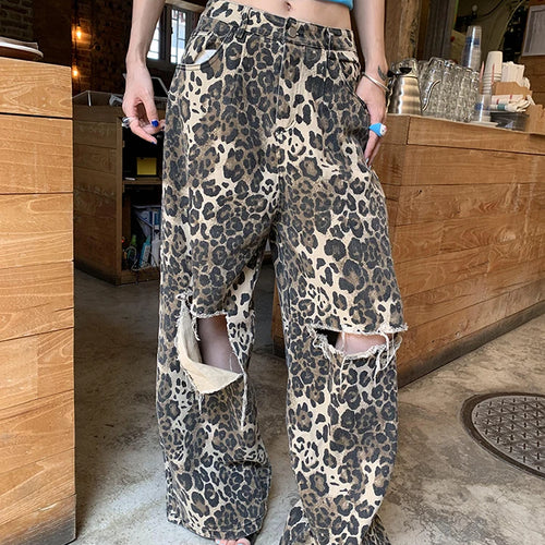 Load image into Gallery viewer, Leopard Ripped Wide Leg Jeans For Women High Waist Patchwork Button Loose Fashion Denim Pant Female Clothing
