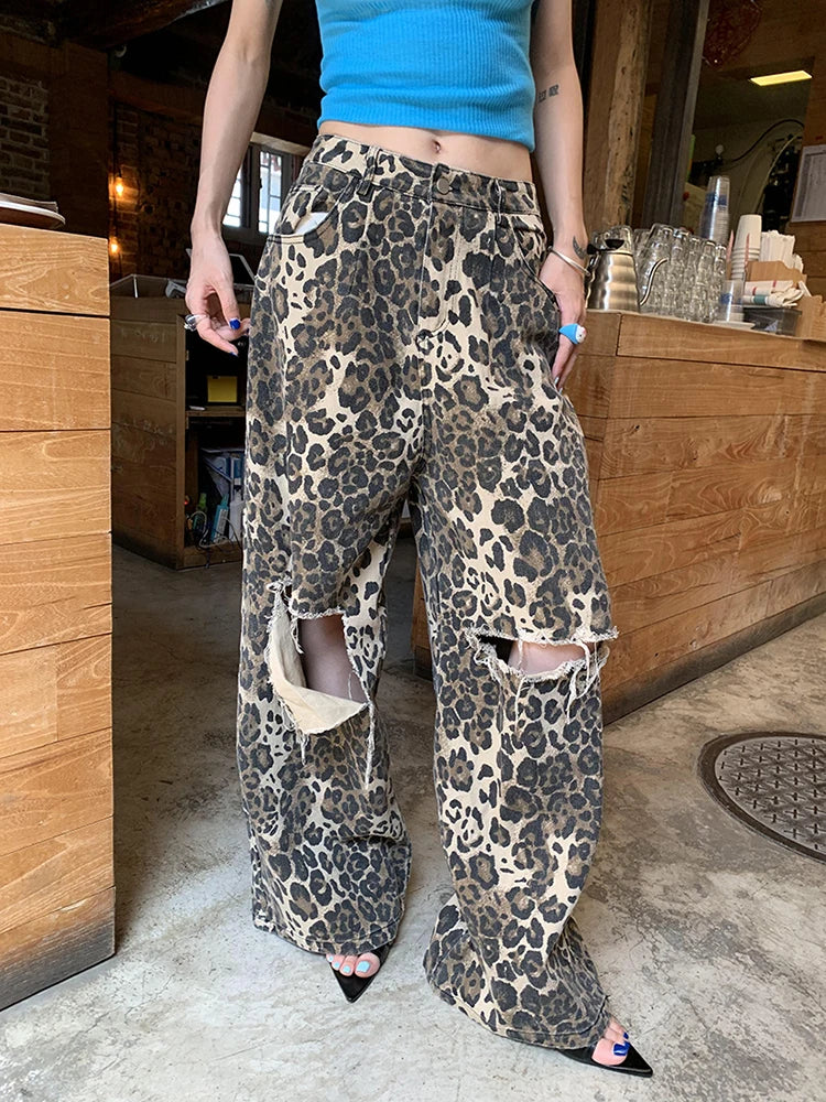 Leopard Ripped Wide Leg Jeans For Women High Waist Patchwork Button Loose Fashion Denim Pant Female Clothing