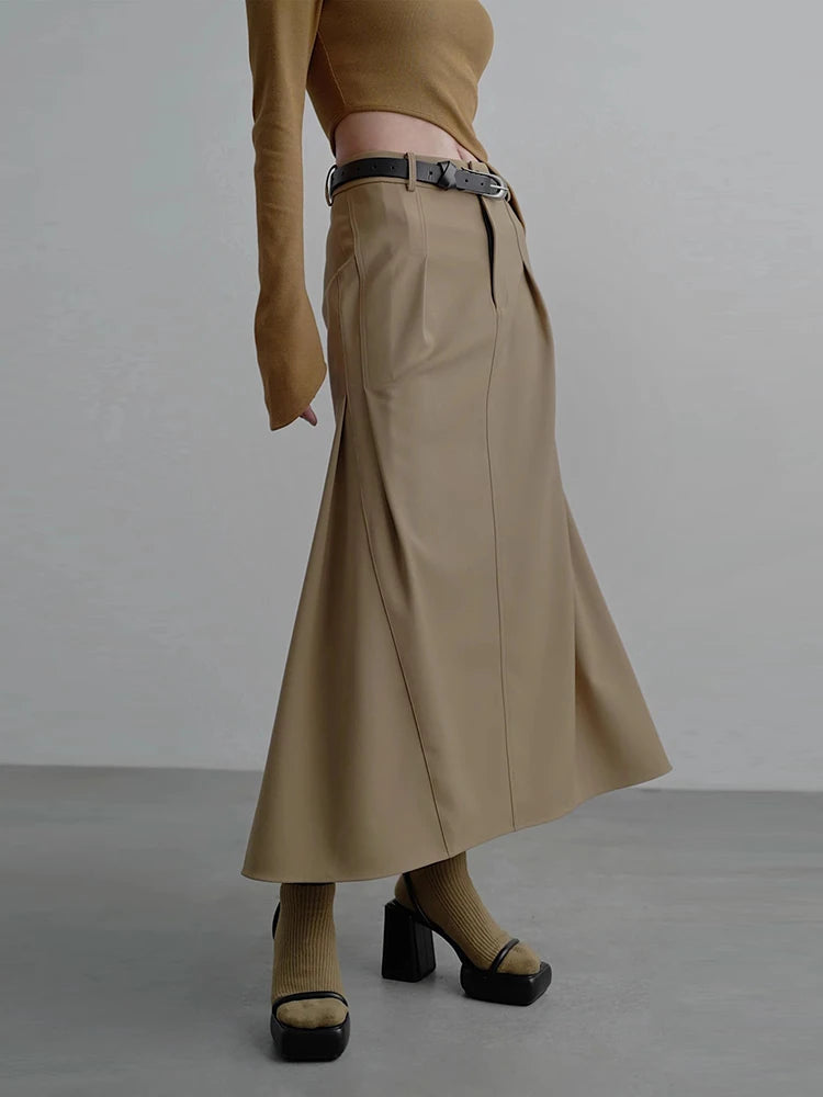 Solid Minimalist Patchwork Folds Slimming Skirt For Women High Waist Spliced Button Temperament Skirt Female