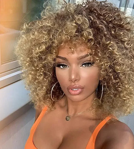 Synthetic Short Curly Wig Natural Hair with Bangs Brown Ombre Blonde Wigs Bounce Fluffy Bob Curls Wigs for Black Women