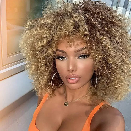 Load image into Gallery viewer, Synthetic Short Curly Wig Natural Hair with Bangs Brown Ombre Blonde Wigs Bounce Fluffy Bob Curls Wigs for Black Women
