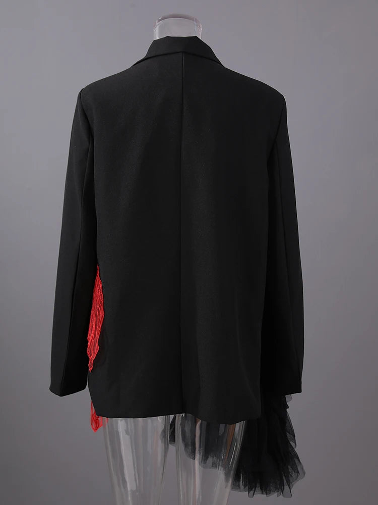 Women Black Mesh Irregular Fish Spliced Big Size Blazer New Lapel Long Sleeve Jacket Fashion Spring Autumn 2025 CPG2902