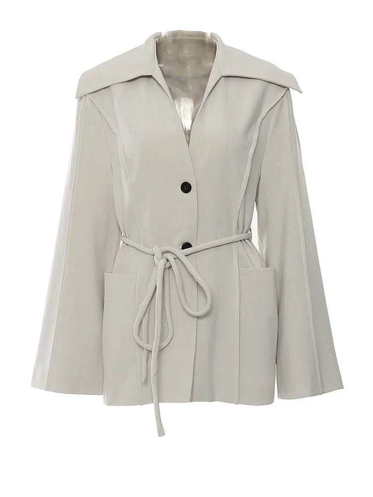 Women Gray Belted Pocket Elegant Big Size Blazer New V-neck Long Sleeve Jacket Fashion Tide Spring Autumn 2025 1DH7640