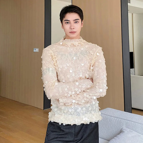 Load image into Gallery viewer, Sequin T-shirts Men&#39;s Wear Elgance Men Long Sleeve Top Autumn Trend Stand Neck Slim Male Tees Chic Personality 9C2612
