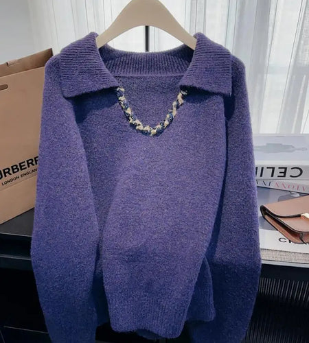 Korean Fashion Autumn Winter Khaki Elegant Pullover Short Sweater Women's 2024 New Purple Long Sleeved Loose Knitted Tops Street