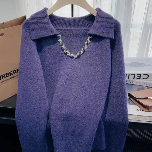 Load image into Gallery viewer, Korean Fashion Autumn Winter Khaki Elegant Pullover Short Sweater Women's 2024 New Purple Long Sleeved Loose Knitted Tops Street
