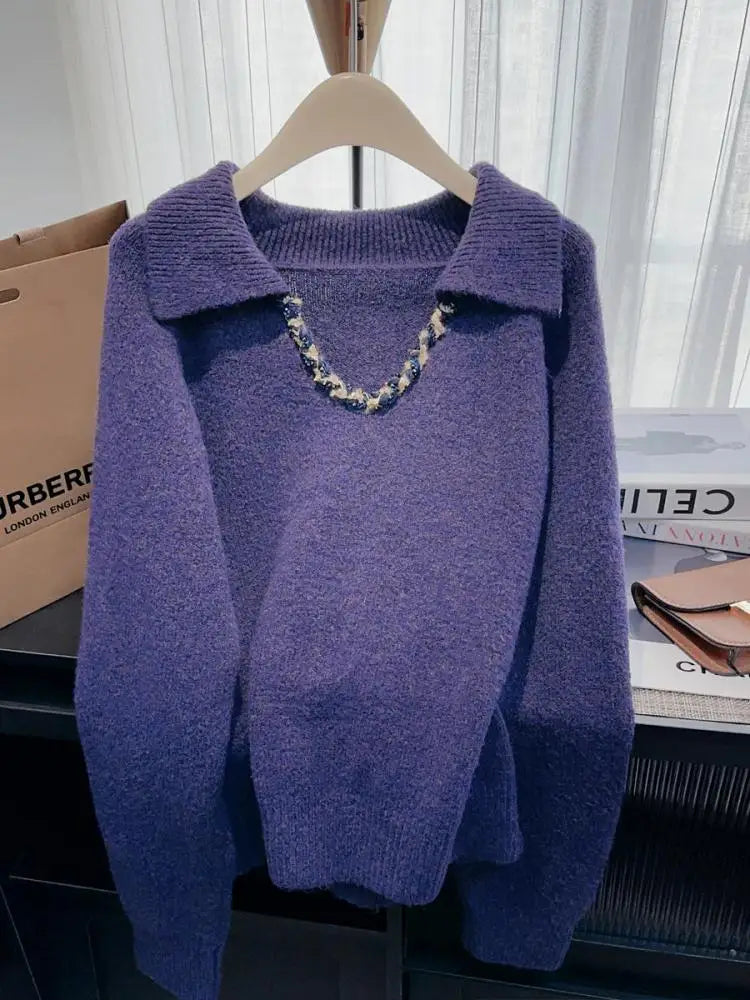 Korean Fashion Autumn Winter Khaki Elegant Pullover Short Sweater Women's 2024 New Purple Long Sleeved Loose Knitted Tops Street