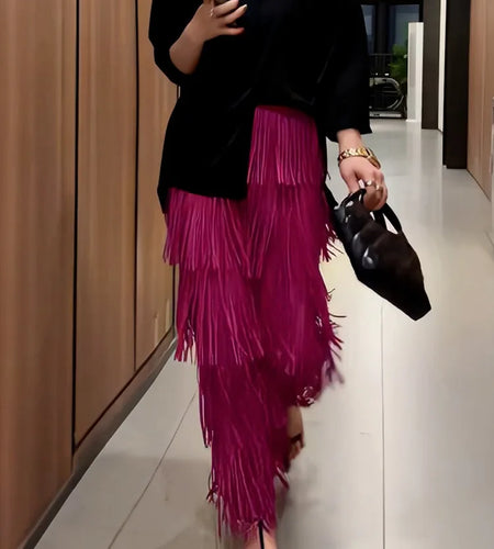 Vintage Elegant Skirt For Women High Waist Patchwork Tassel Hem Solid Midi Skirts Female High Street Summer Clothing Style Y2k