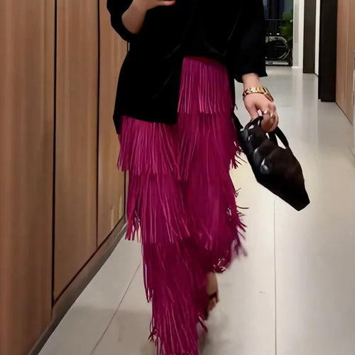 Load image into Gallery viewer, Vintage Elegant Skirt For Women High Waist Patchwork Tassel Hem Solid Midi Skirts Female High Street Summer Clothing Style Y2k
