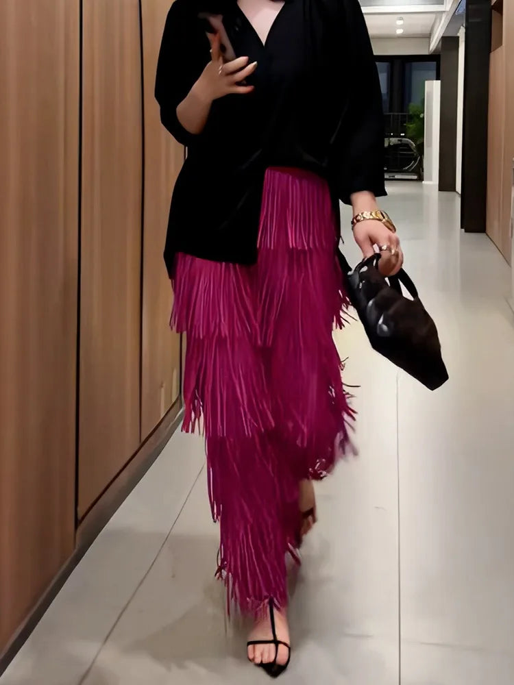 Vintage Elegant Skirt For Women High Waist Patchwork Tassel Hem Solid Midi Skirts Female High Street Summer Clothing Style Y2k