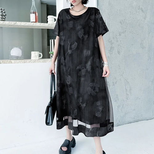 Load image into Gallery viewer, Women Black Printed Mesh Spliced Big Size Midi Dress New Round Neck Short Sleeve Fashion Tide Spring Summer 2025 1DJ0850
