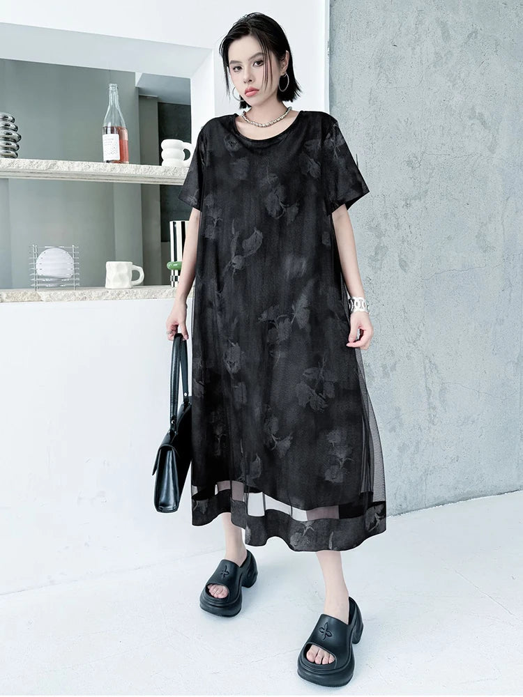 Women Black Printed Mesh Spliced Big Size Midi Dress New Round Neck Short Sleeve Fashion Tide Spring Summer 2025 1DJ0850