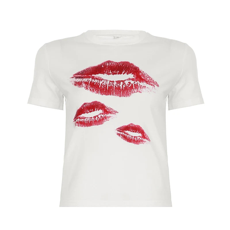 Cusual Lips Printed Cropped T-shirts Women's White Skinny Short Sleeves Summer Top Shirts Round Neck Clothes 2025 New