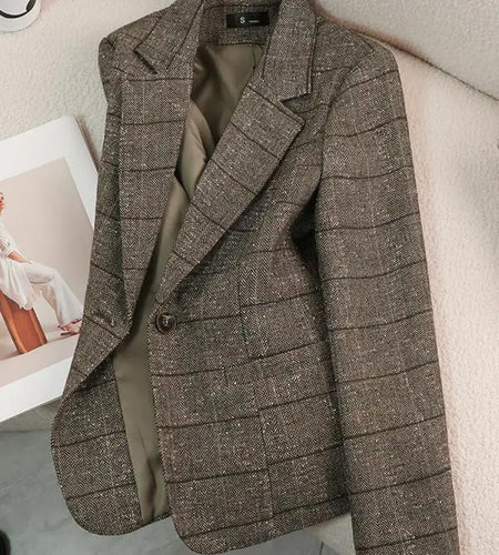 Vintage Women Gray Striped One Button Casual Blazer Autumn Winter Brown Elegant Slim Professional Workwear Cardigan Top Coat New