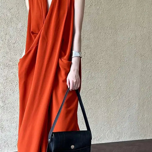 Load image into Gallery viewer, Women Orange Pocket Knot Elegant  Long Big Size Dress New V-Neck Sleeveless Fashion Tide Spring Summer 2025 1DH6380
